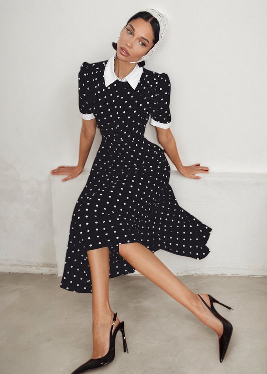 Polka Dot Print Elegant Commute Waist A-Line Dress