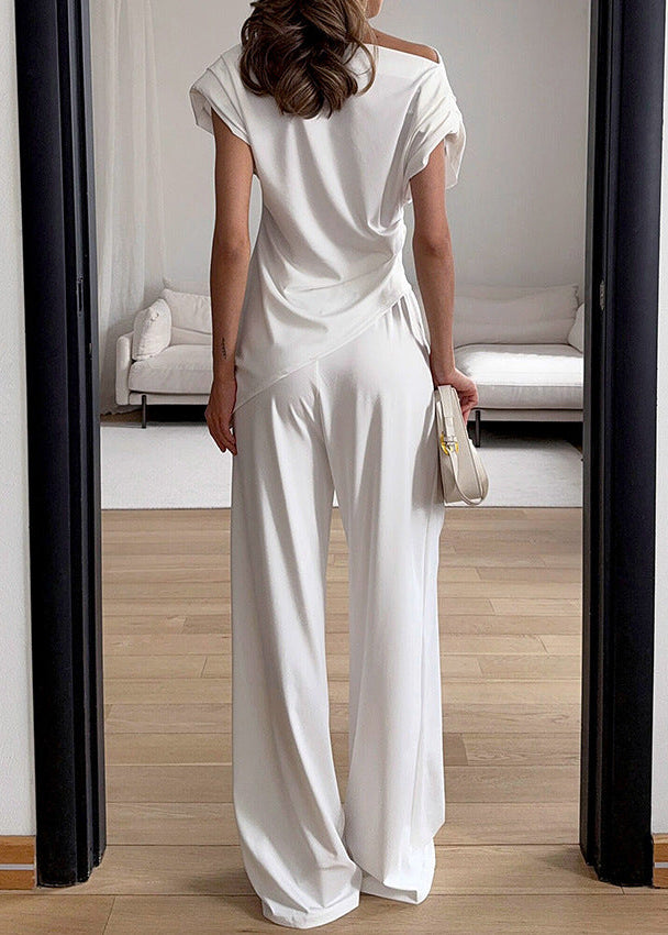Stylish Asymmetrical Neck Top & Wide-Leg Pants Set
