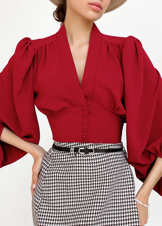 French Style Chiffon V-Neck Long Sleeve Blouse for Commute