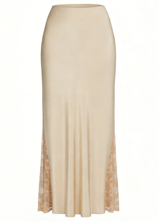 High-end satin A-line long skirt with lace