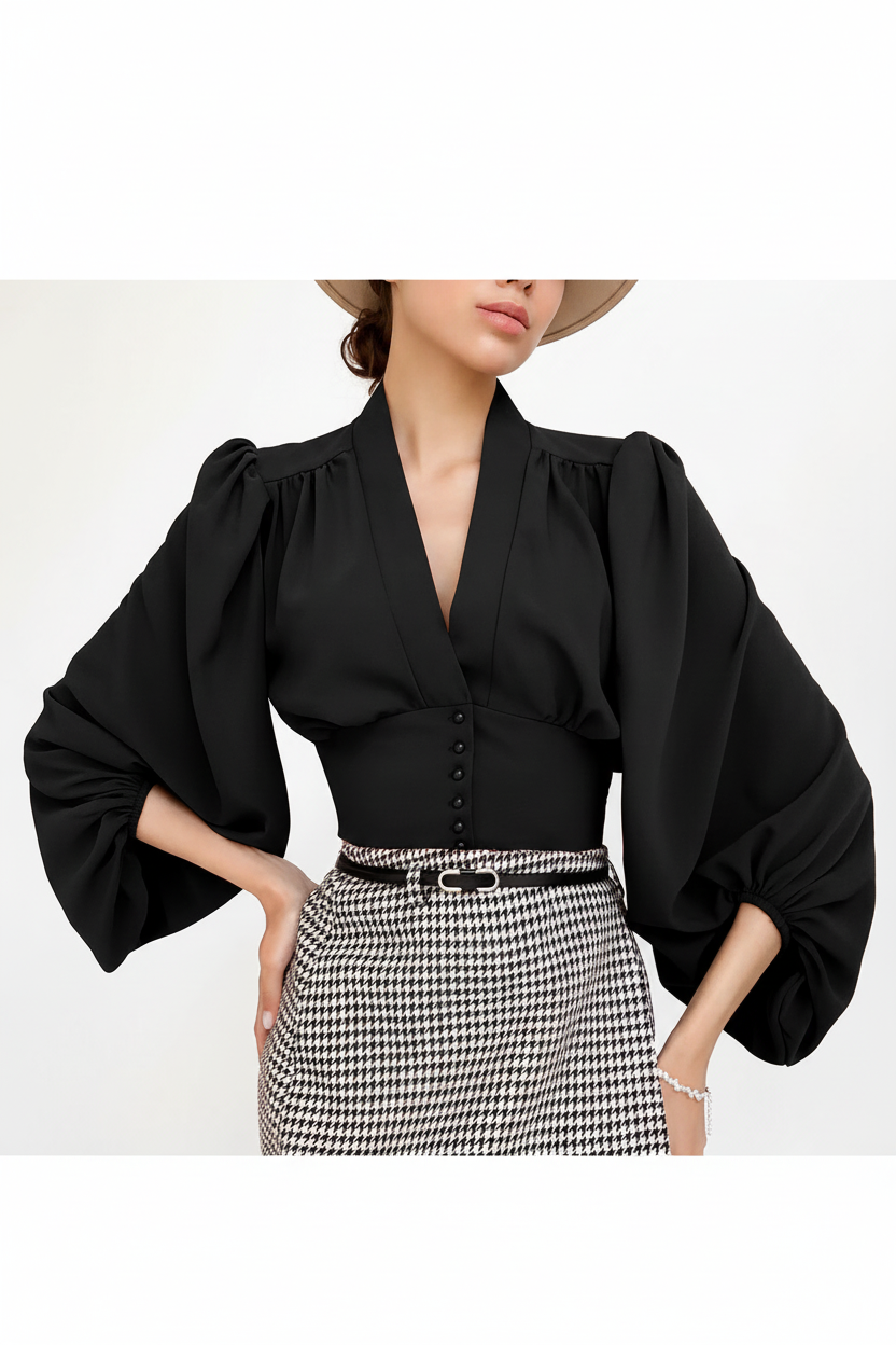 French Style Chiffon V-Neck Long Sleeve Blouse for Commute