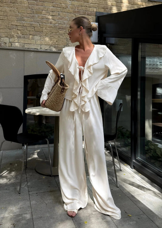 V Neck Ruffle Long Sleeve 2 Piece Set