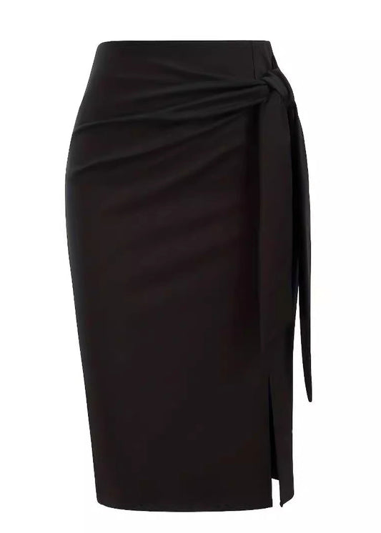 Women's Elegant Professional Solid Color Slit Skirt with Bow