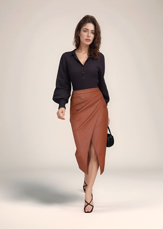 High Waist Zip Ruched Leather Skirt, Sexy Bodycon Skirt