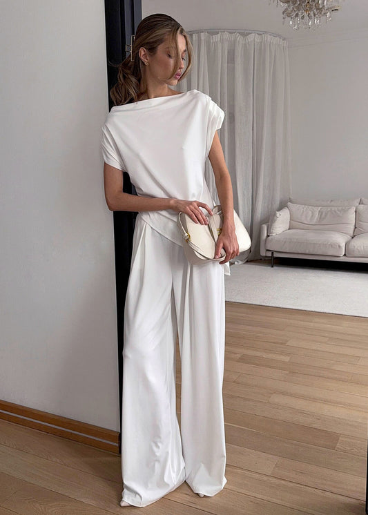 Stylish Asymmetrical Neck Top & Wide-Leg Pants Set