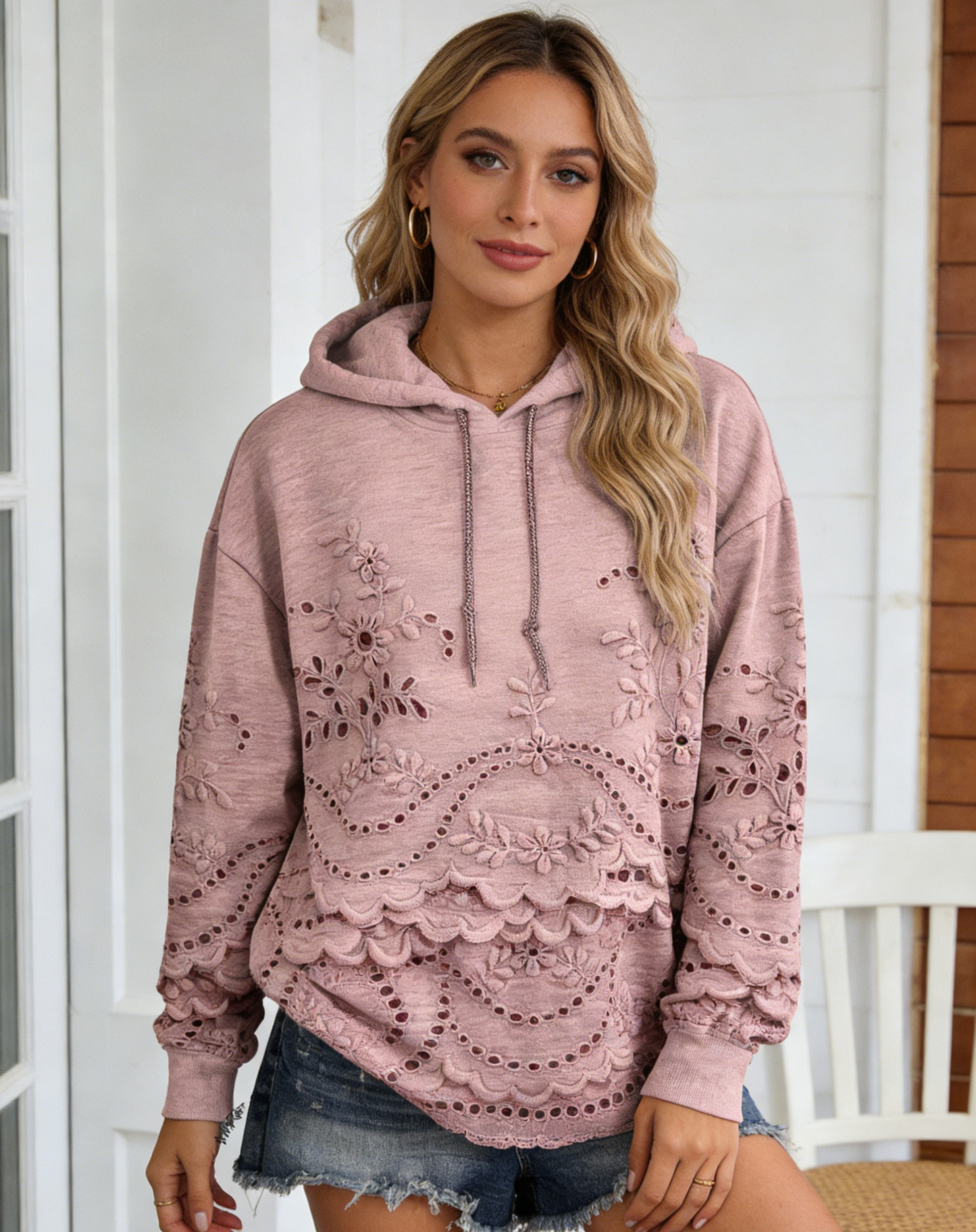 Women's Floral Textured Art Patterns Prints Casual Pocket Hooded Sweatshirt