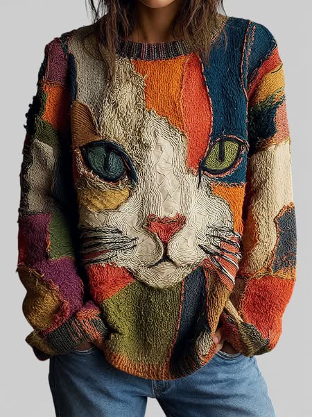 Cat-Painted Loose Sweater