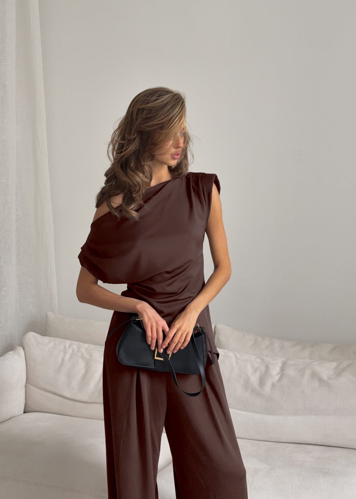Stylish Asymmetrical Neck Top & Wide-Leg Pants Set