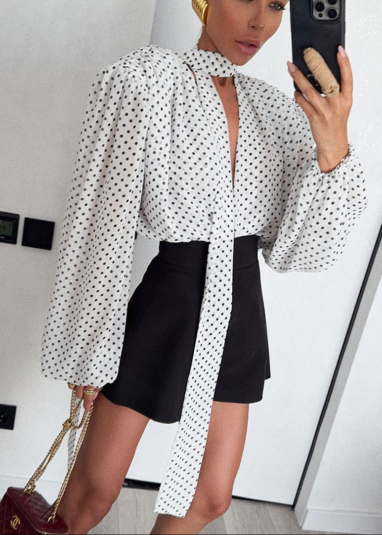 French Style Loose V-Neck Polka Dot Shirt With Tie Strap