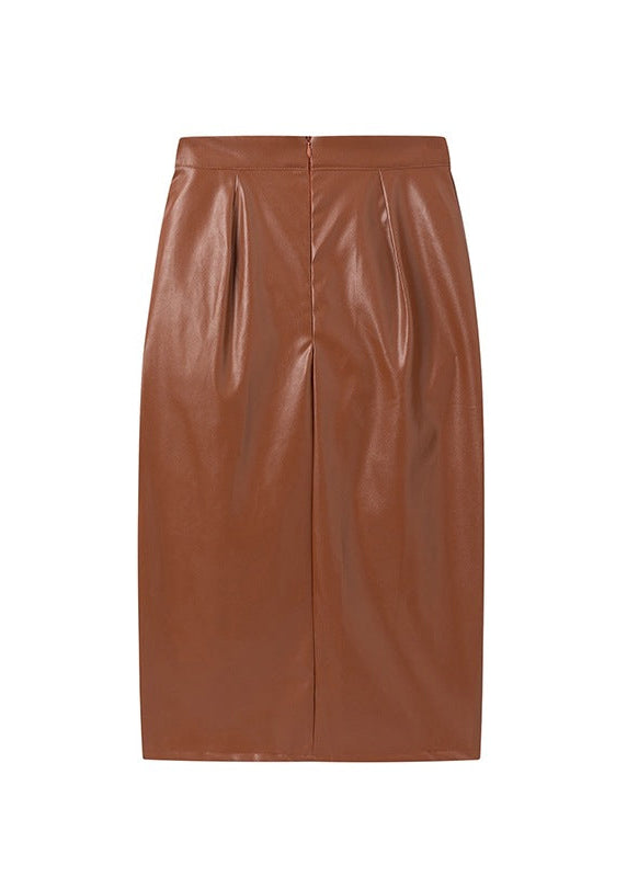 High Waist Zip Ruched Leather Skirt, Sexy Bodycon Skirt