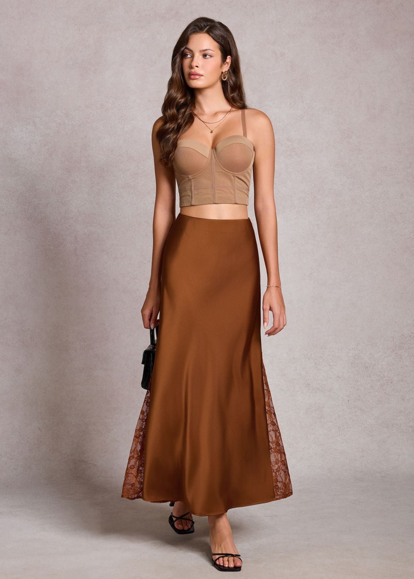 High-end satin A-line long skirt with lace