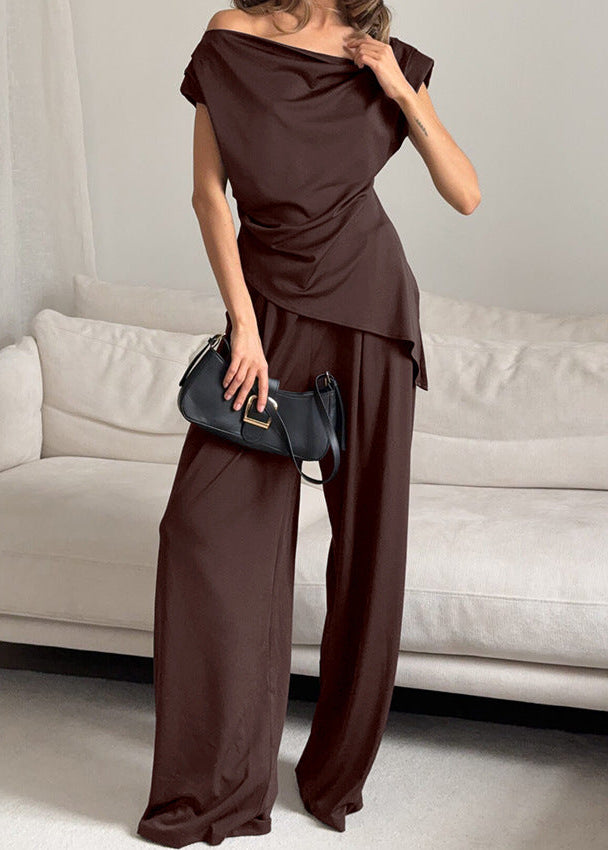 Stylish Asymmetrical Neck Top & Wide-Leg Pants Set