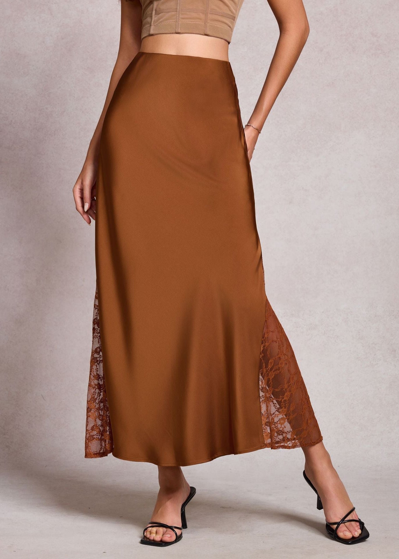 High-end satin A-line long skirt with lace