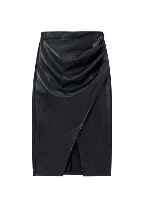 High Waist Zip Ruched Leather Skirt, Sexy Bodycon Skirt