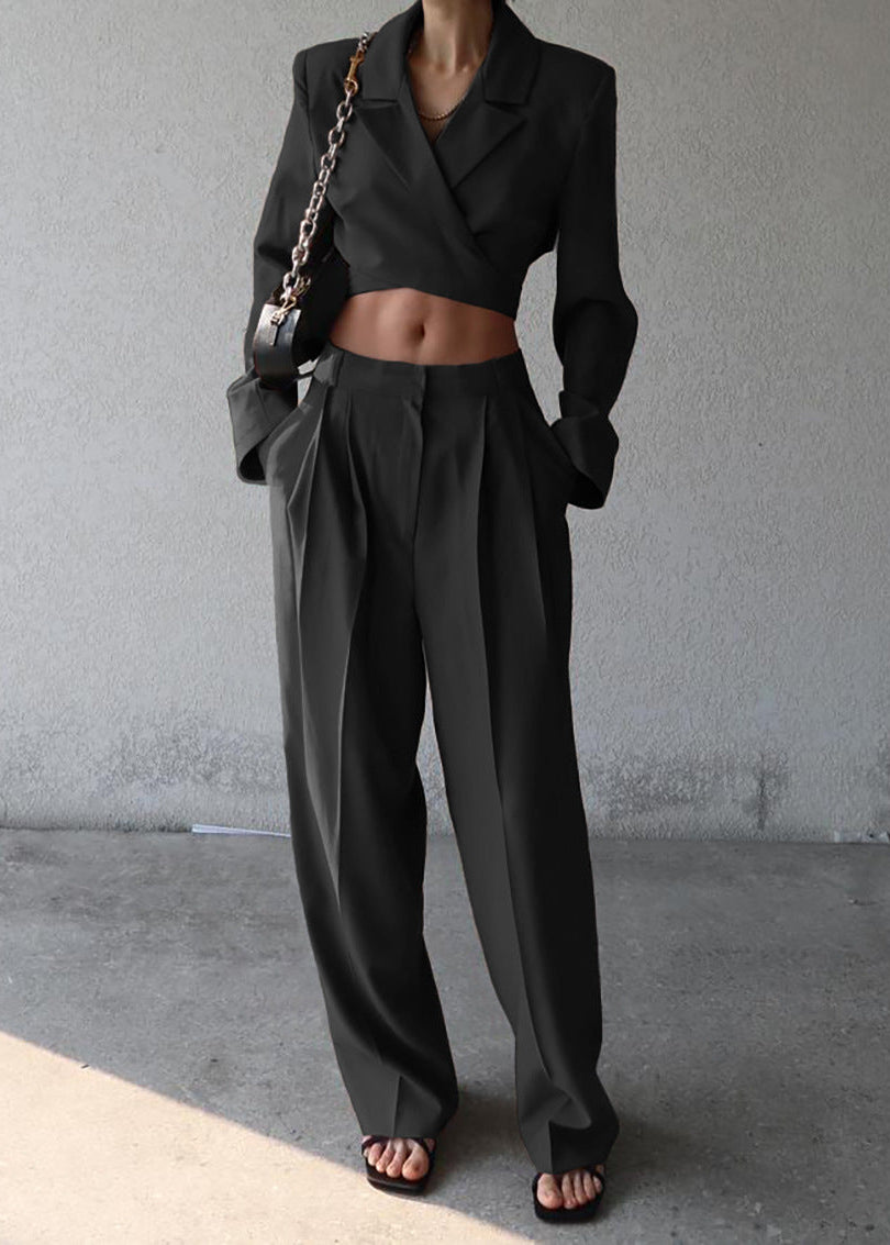 Long Sleeve Cropped Blazer & High Waist Casual Pants Set