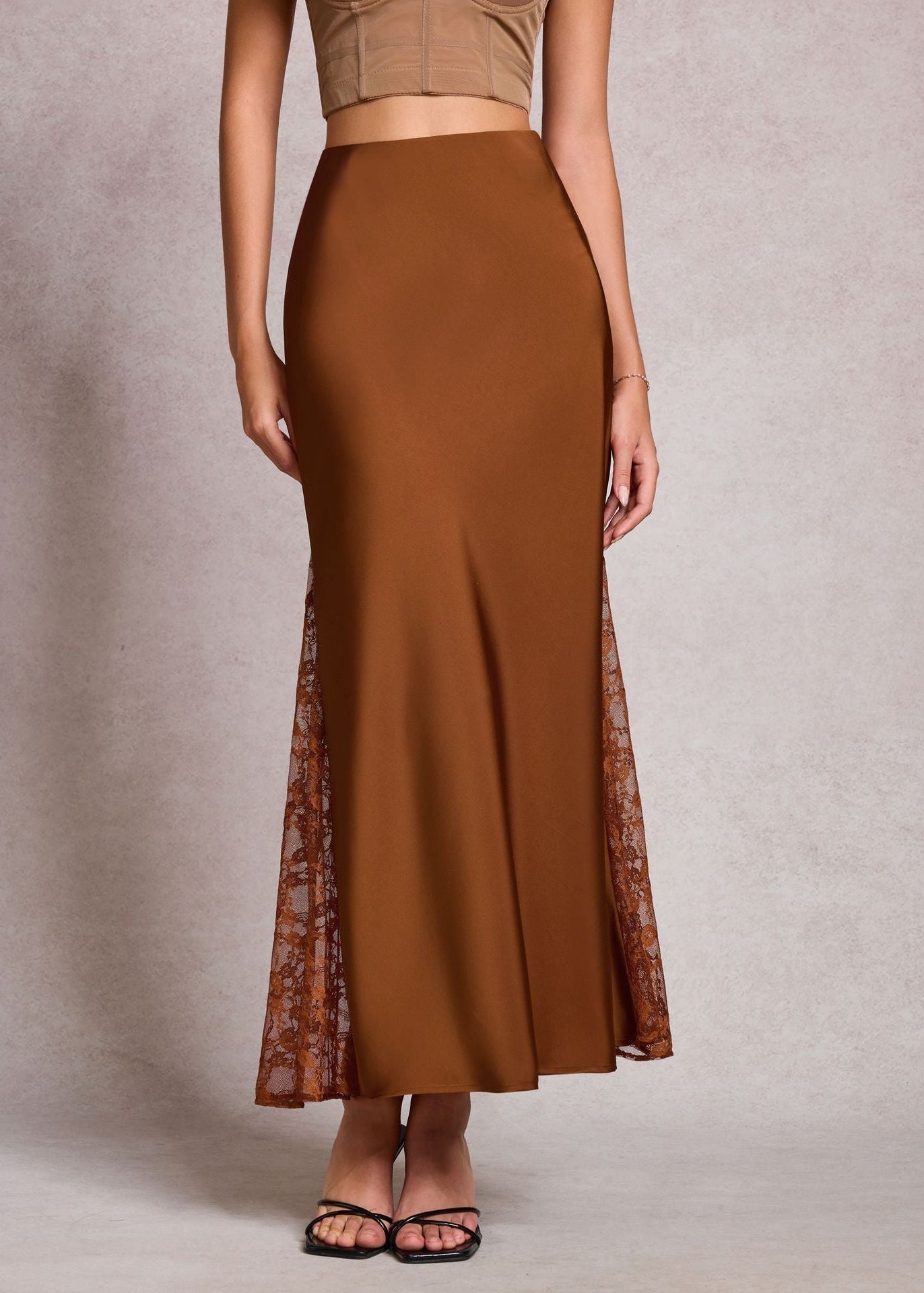 High-end satin A-line long skirt with lace