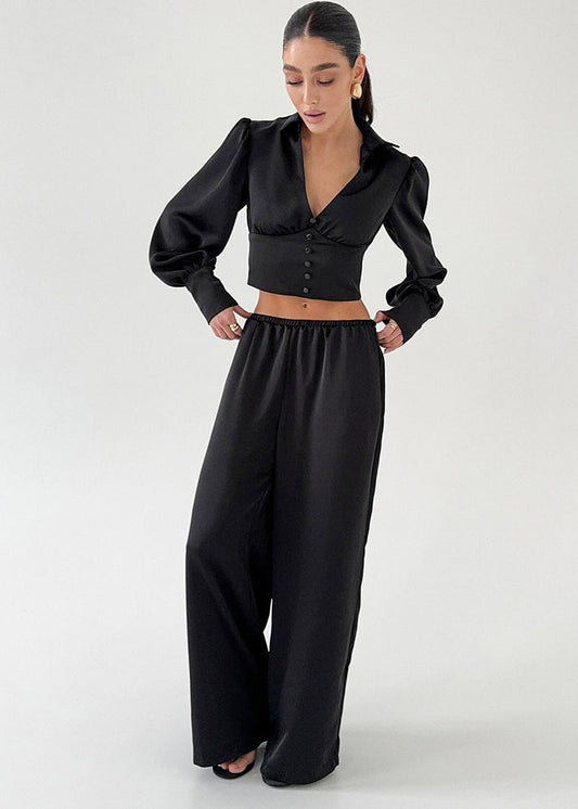 V-neck Long Sleeve Top & Wide-leg Pants Set