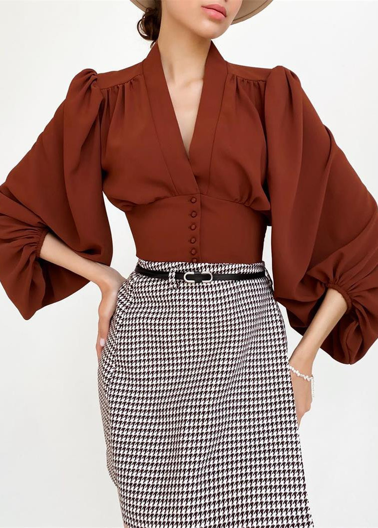 French Style Chiffon V-Neck Long Sleeve Blouse for Commute