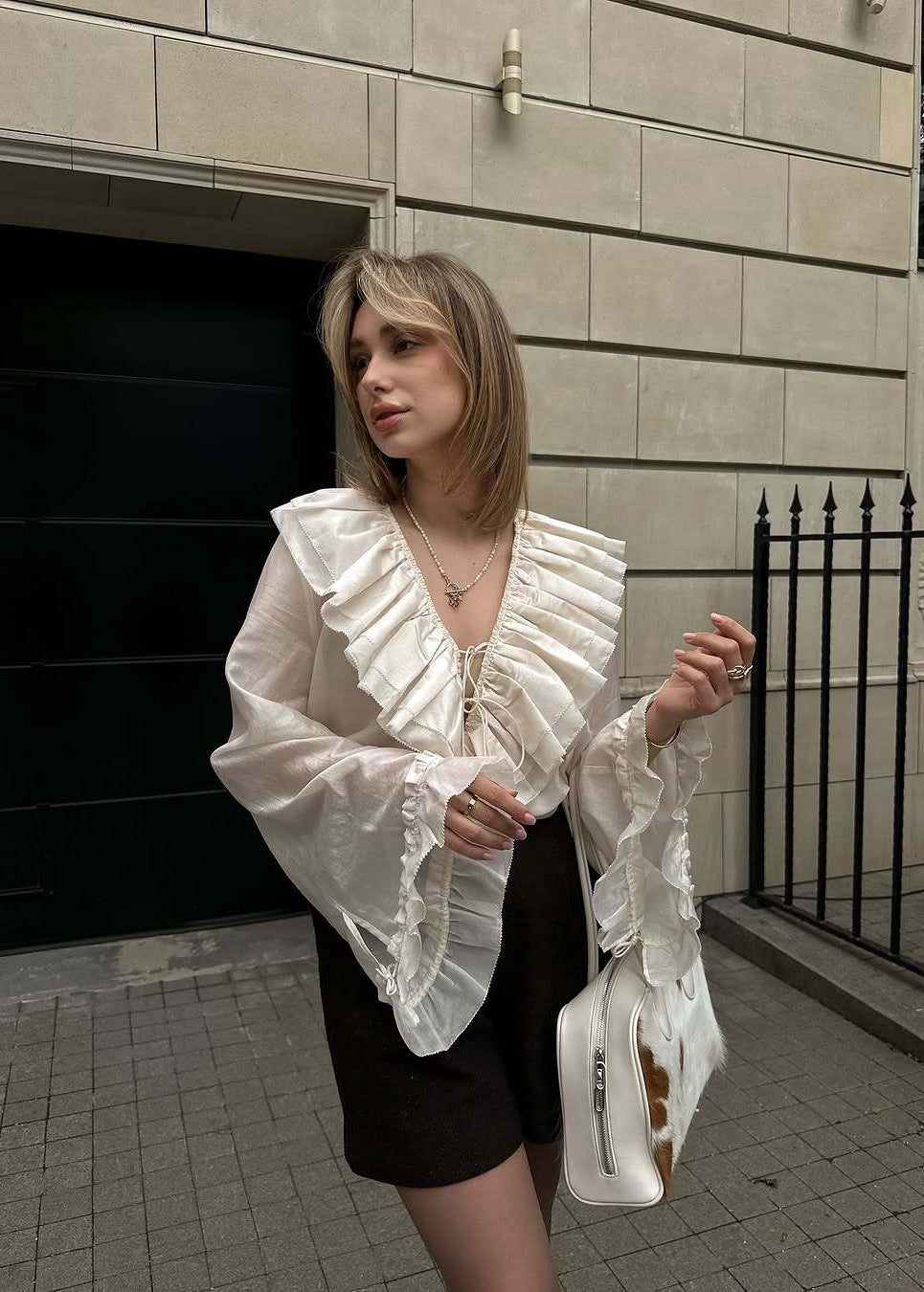 Women's V-Neck Tie Ruffle Layered Shirt, Commute Style