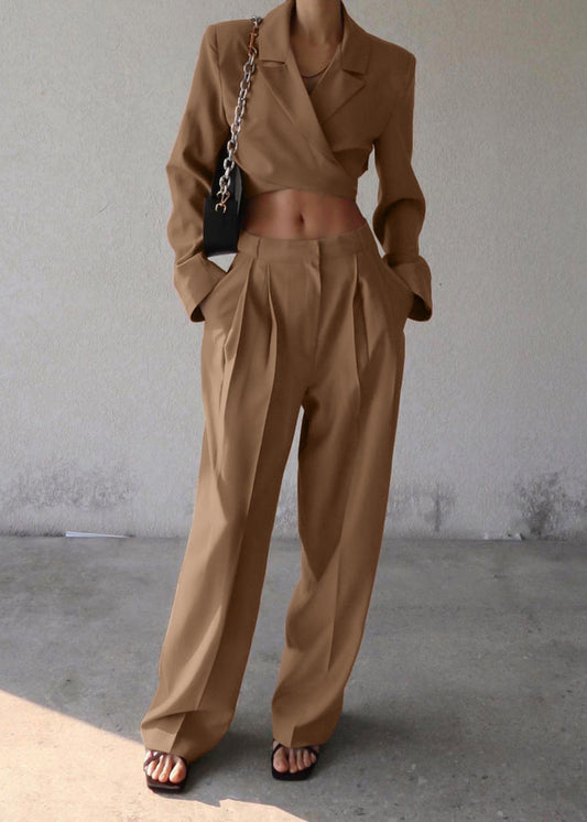 Long Sleeve Cropped Blazer & High Waist Casual Pants Set