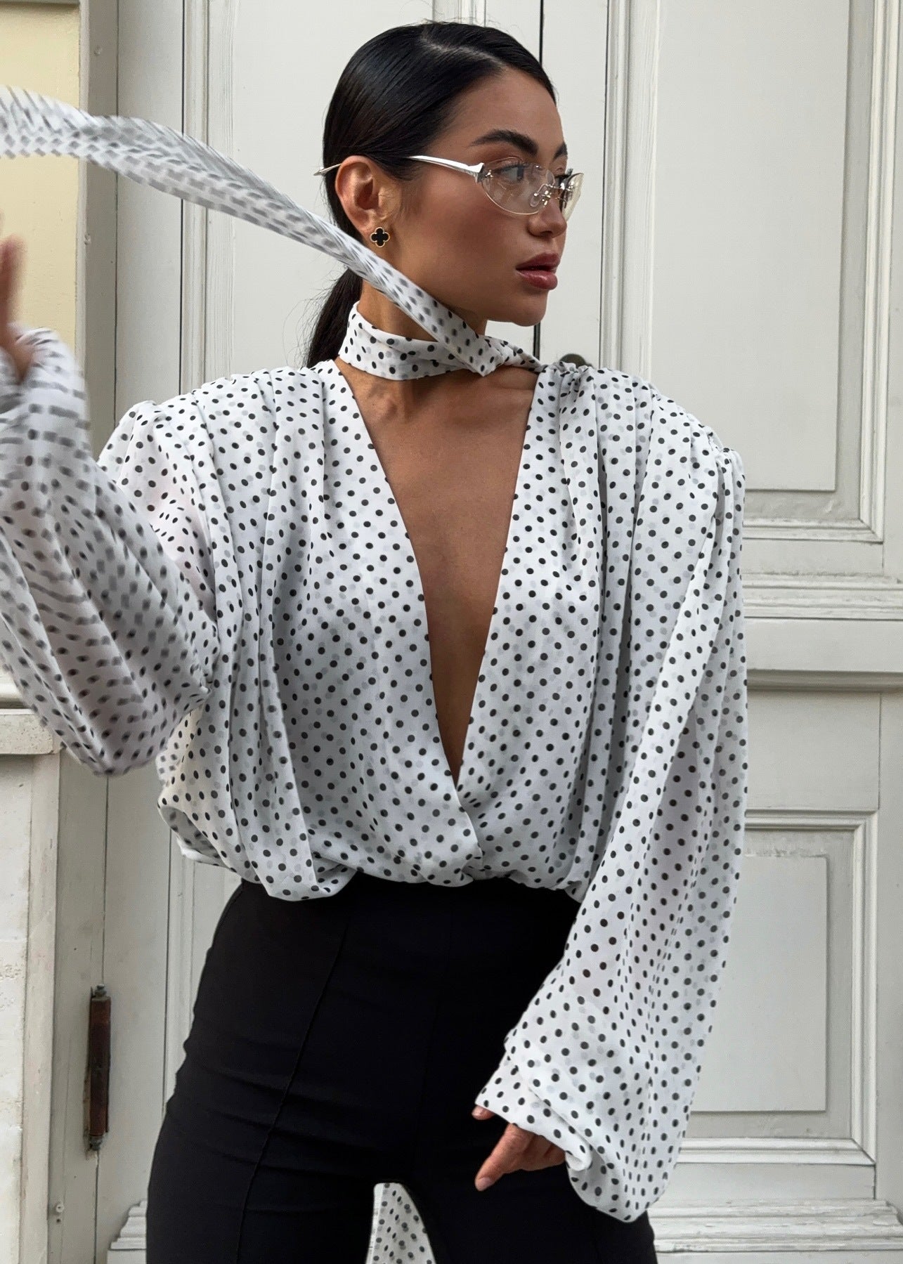 French Style Loose V-Neck Polka Dot Shirt With Tie Strap