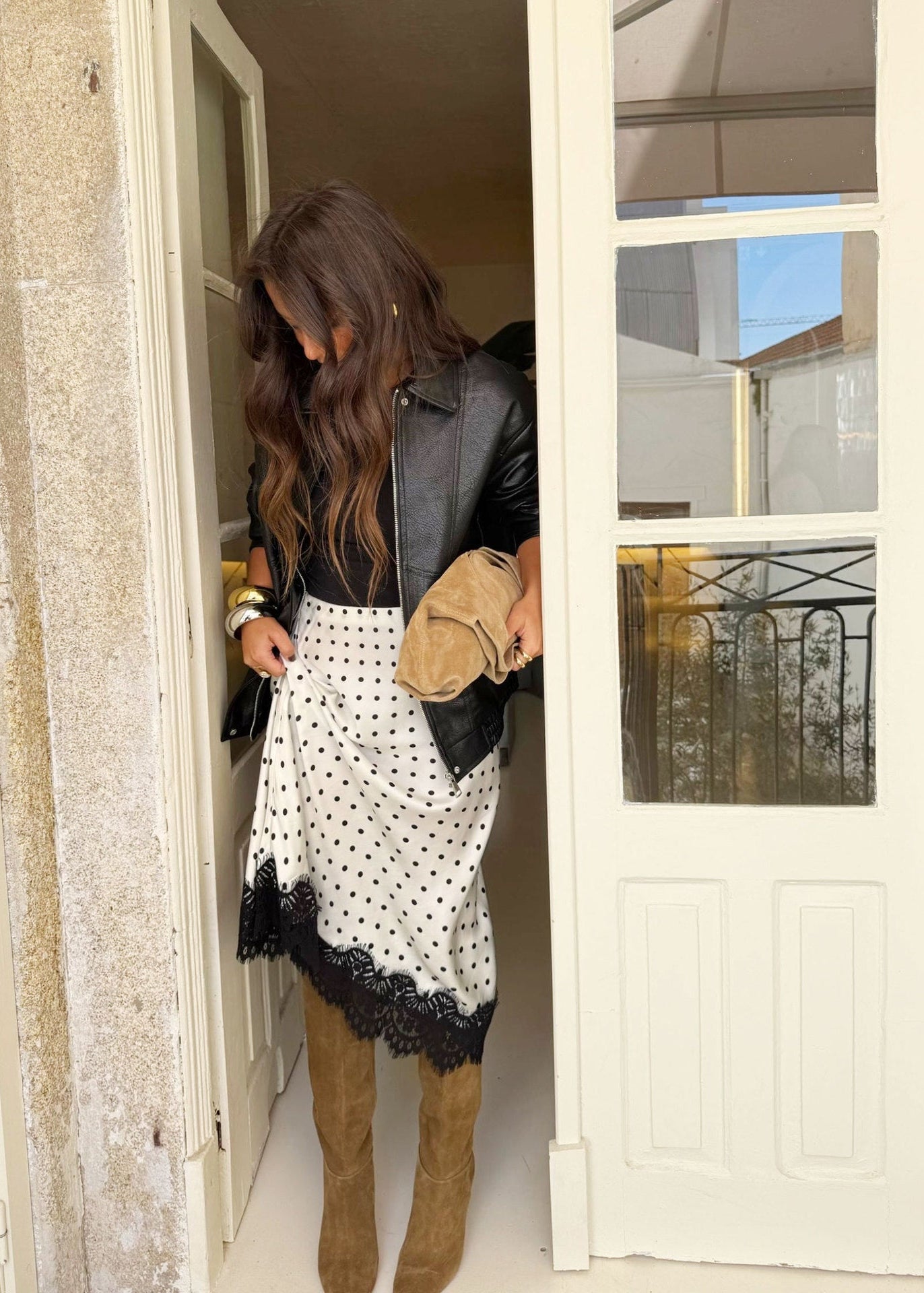 Lace Patchwork Polka Dot Mid-Length Straight Skirt