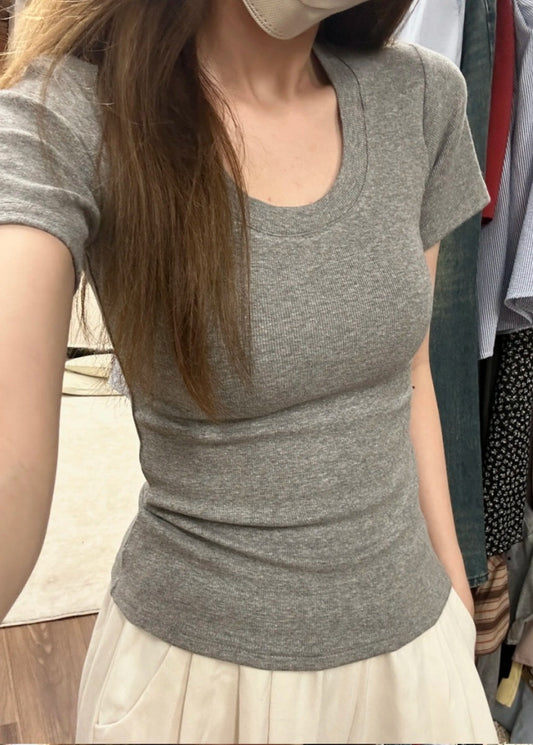 Basic Shoulder U-Neck Ribbed Slim Fit Short Sleeve