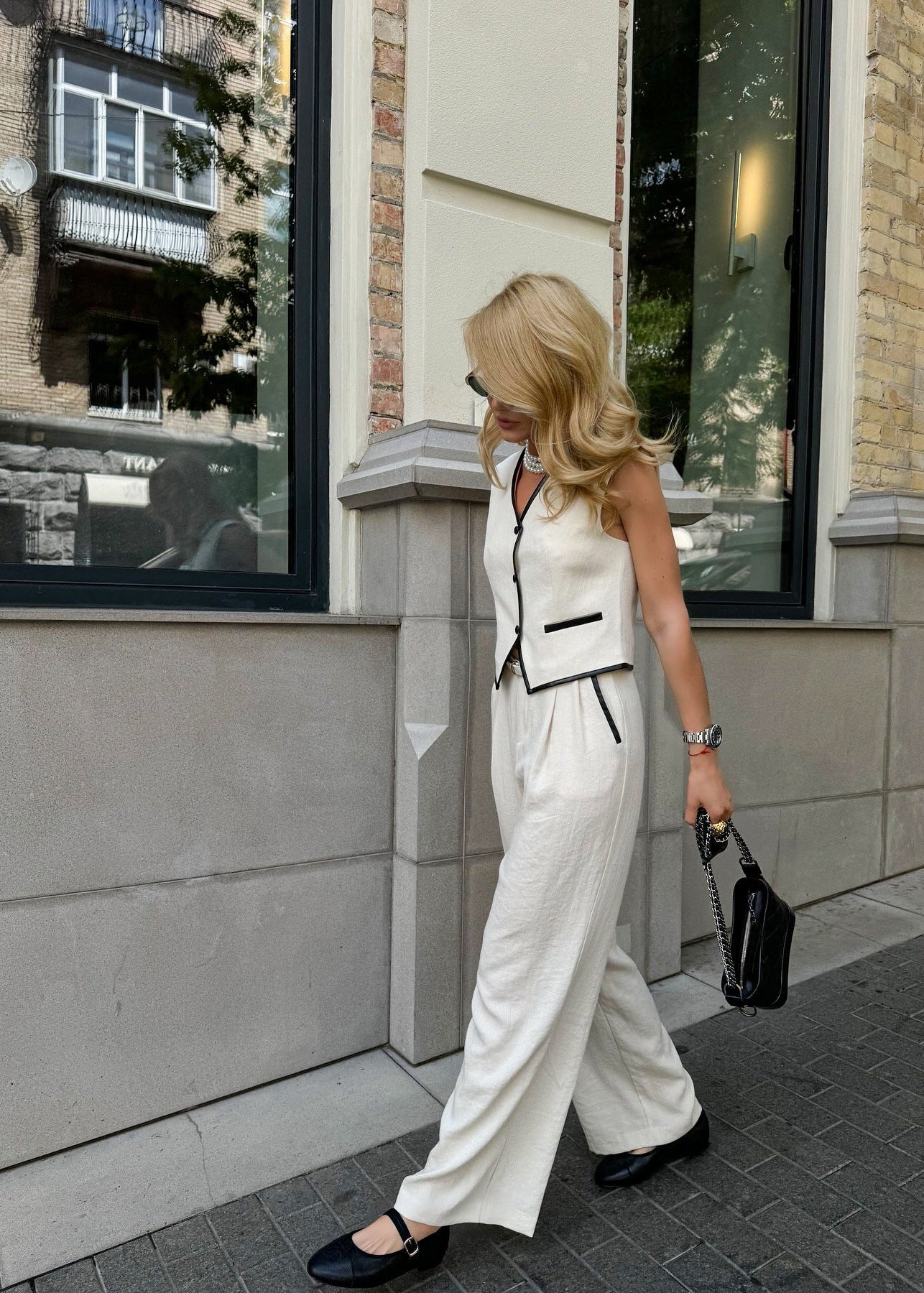 Fashion Color Block Set with Straight Leg Long Pants, Elegant Commute Style