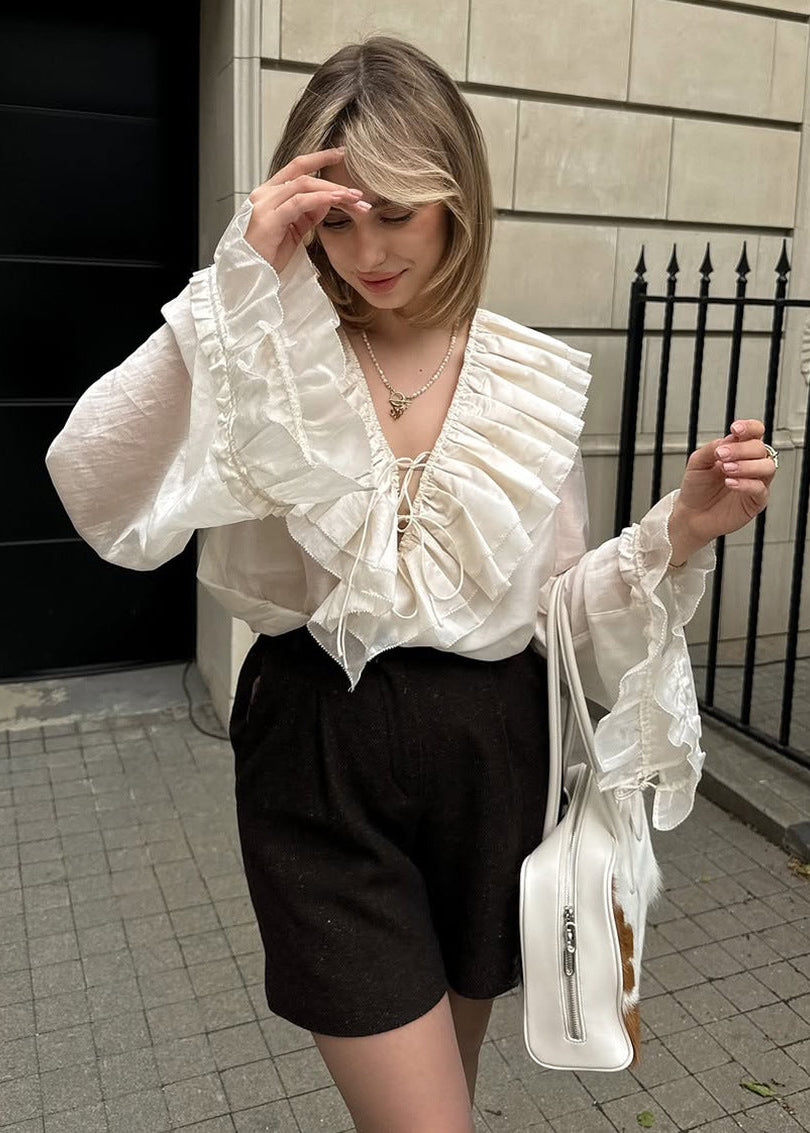 Women's V-Neck Tie Ruffle Layered Shirt, Commute Style