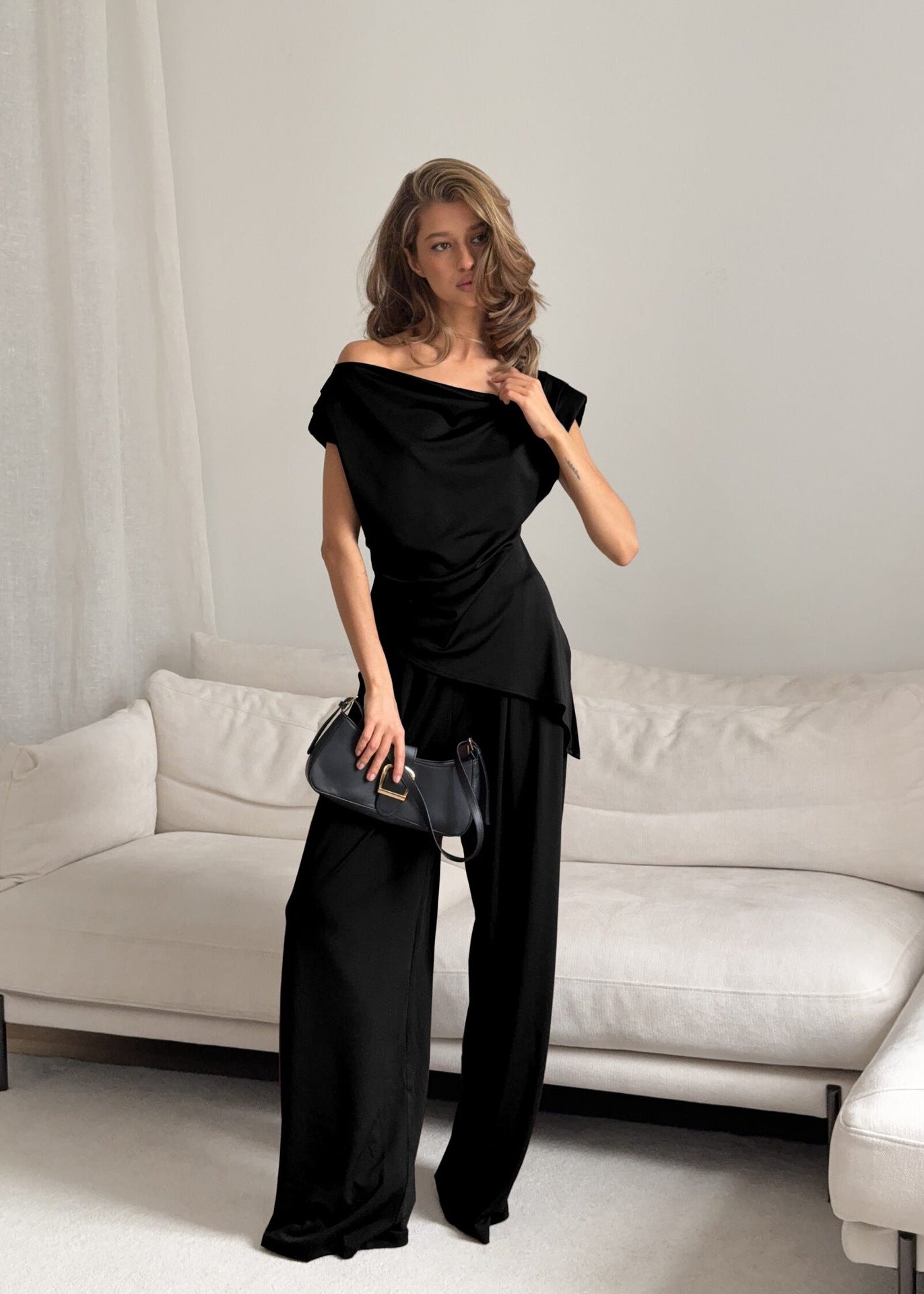 Stylish Asymmetrical Neck Top & Wide-Leg Pants Set