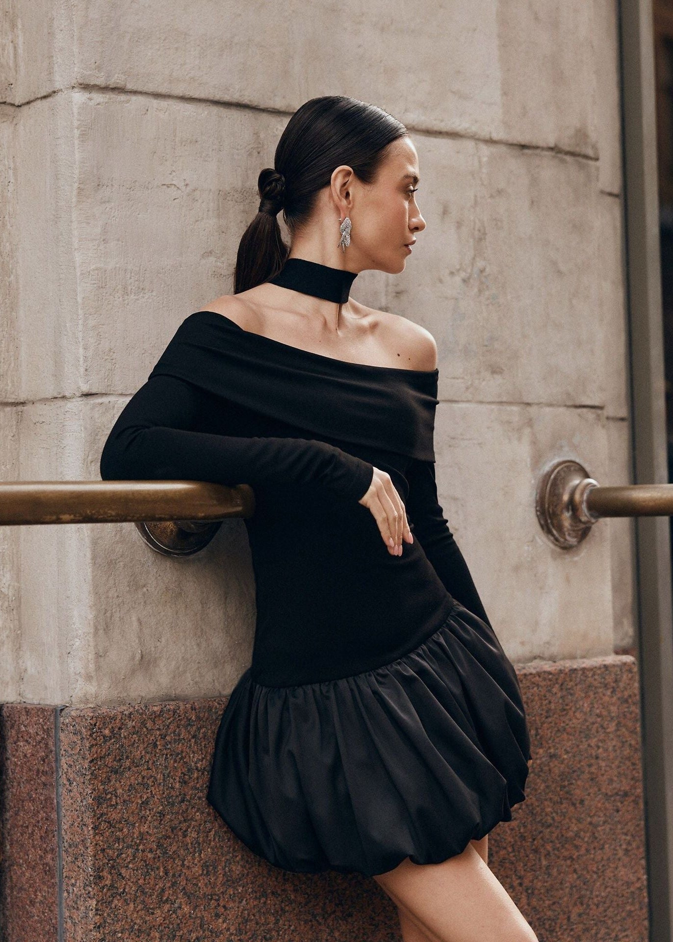 French sweet off-shoulder color-block knit dress
