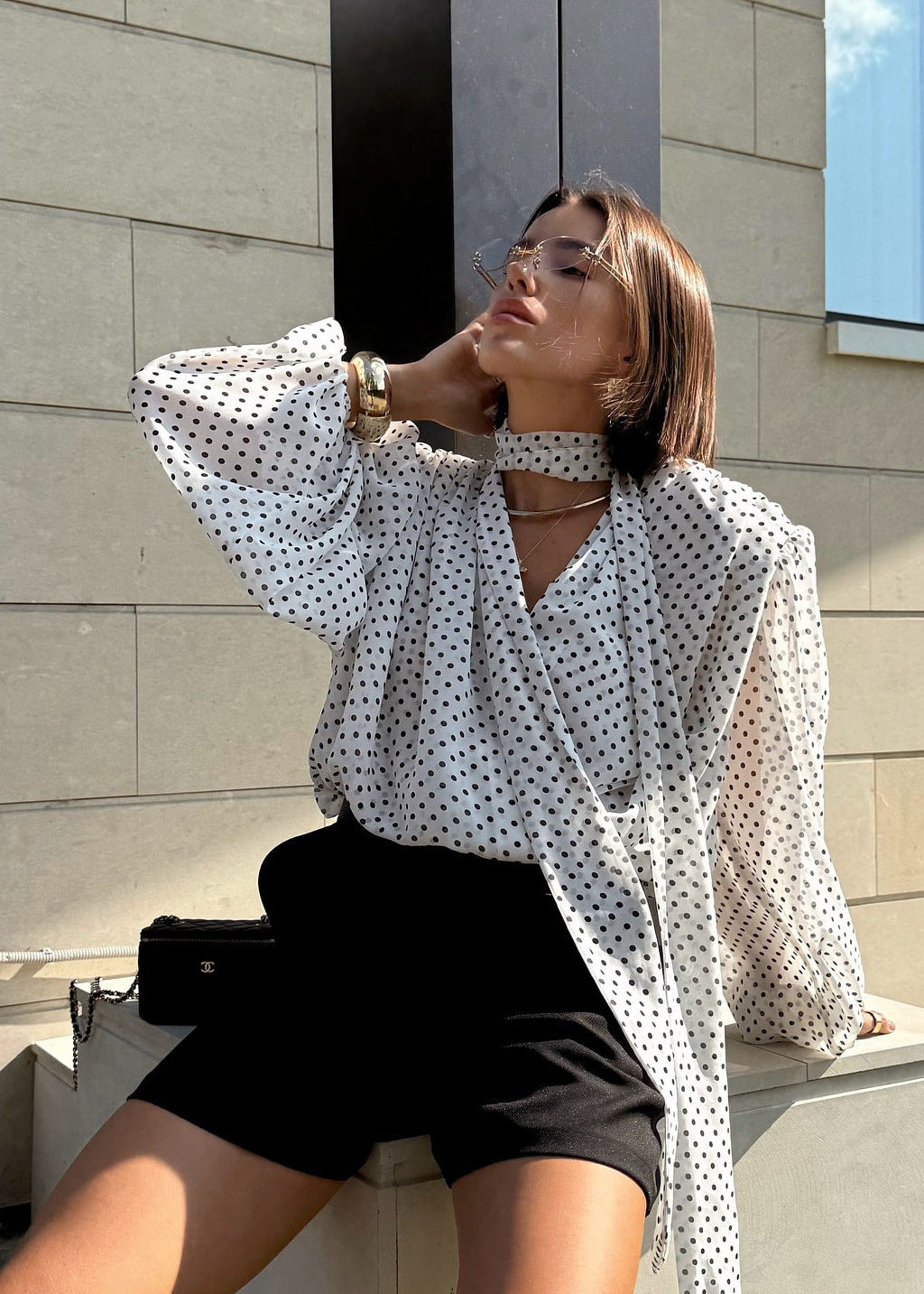 French Style Loose V-Neck Polka Dot Shirt With Tie Strap