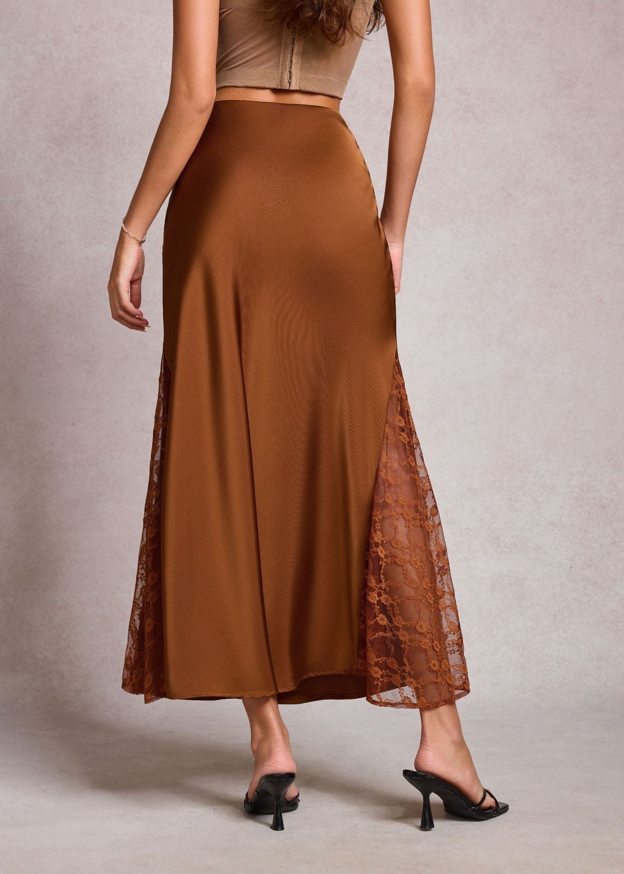 High-end satin A-line long skirt with lace