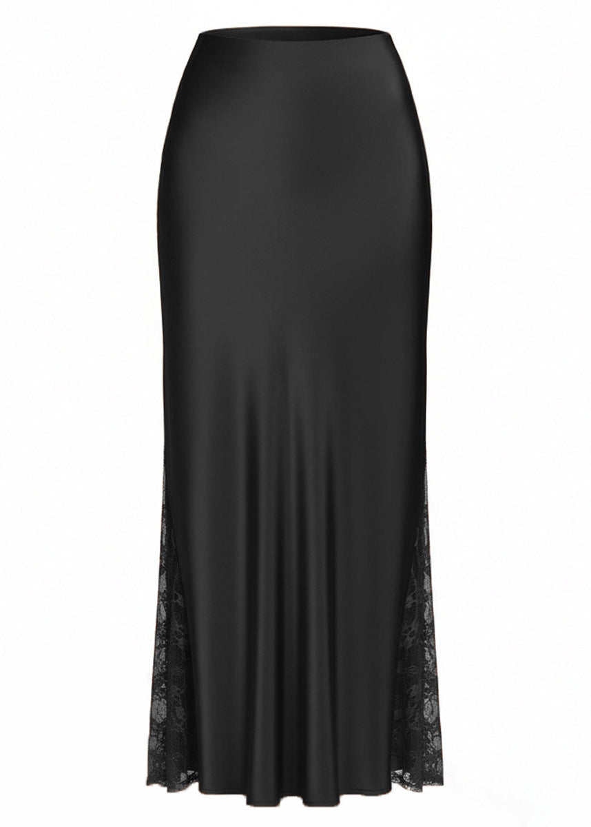 High-end satin A-line long skirt with lace