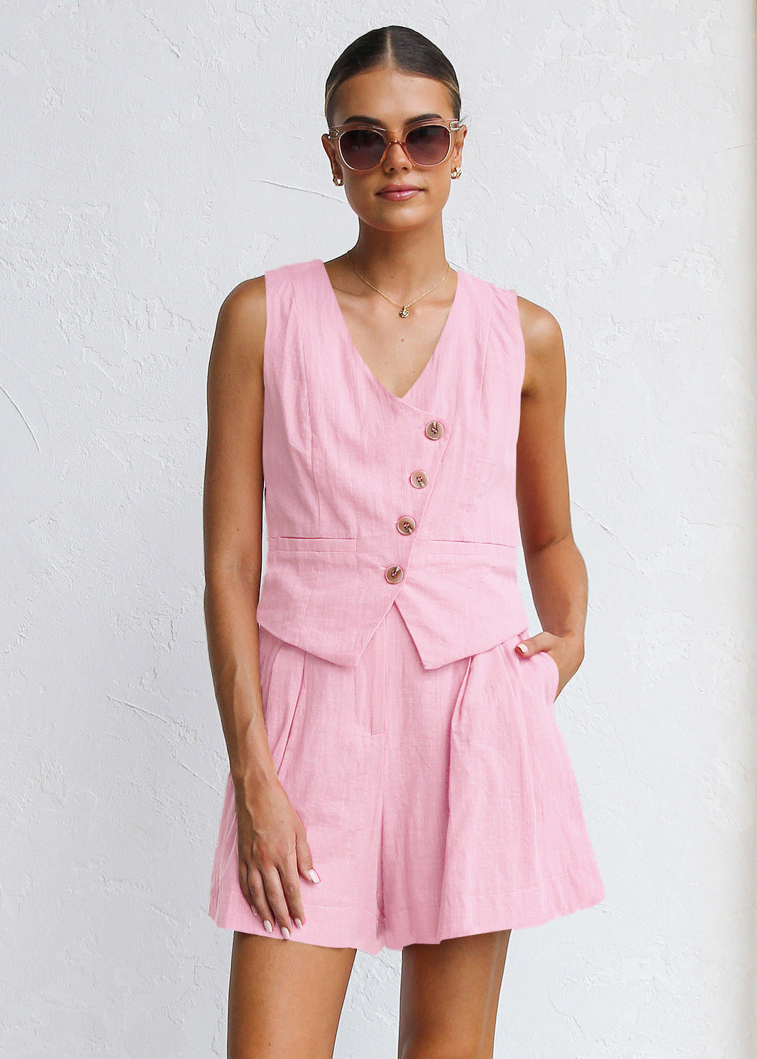 Women's Casual Solid Color Button Top & Commute Straight Shorts Set