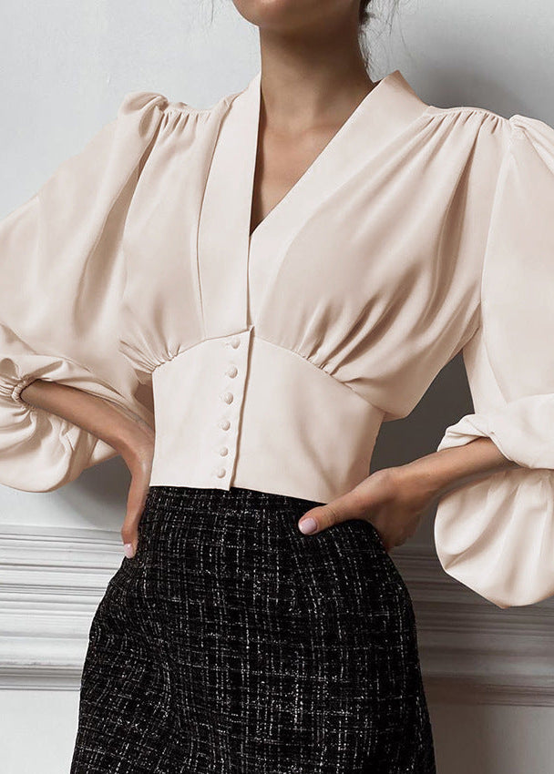 French Style Chiffon V-Neck Long Sleeve Blouse for Commute