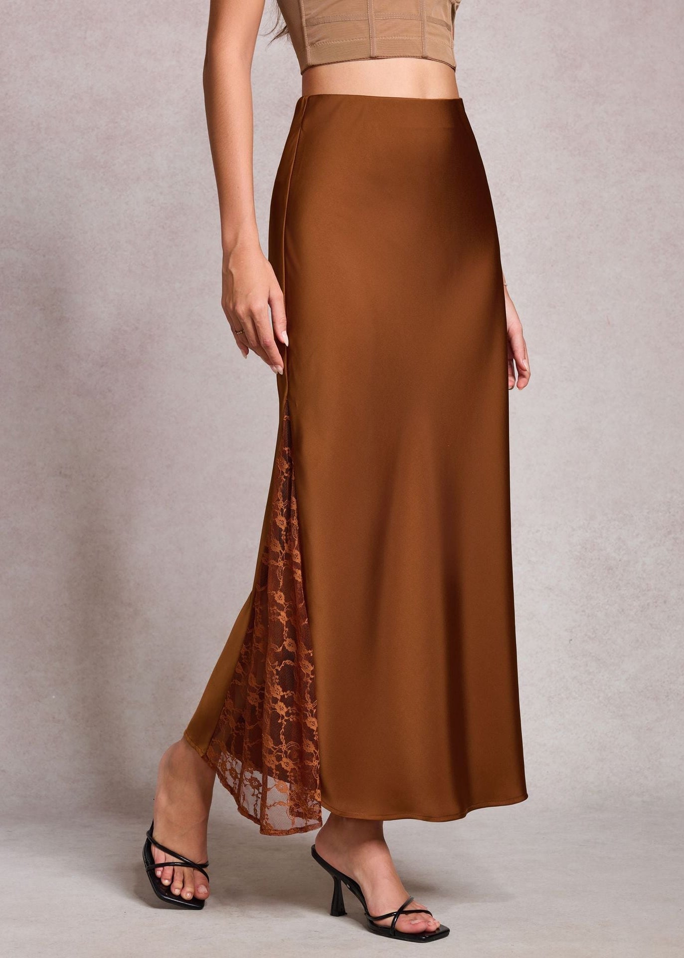 High-end satin A-line long skirt with lace