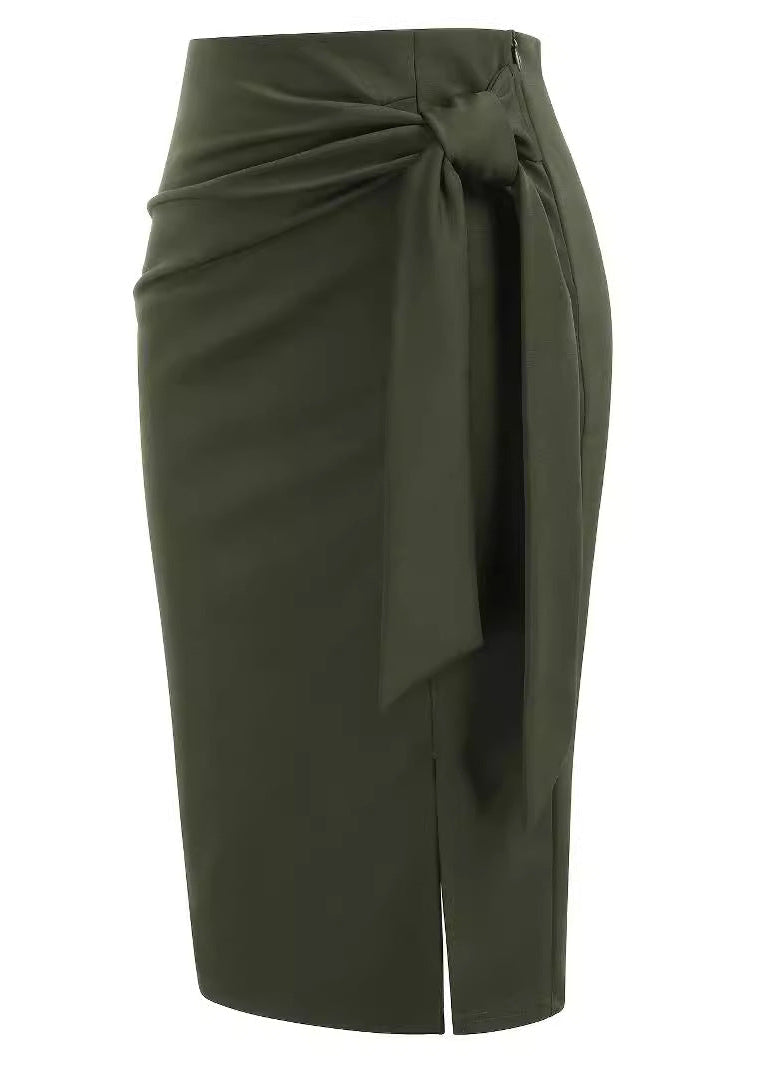 Women's Elegant Professional Solid Color Slit Skirt with Bow