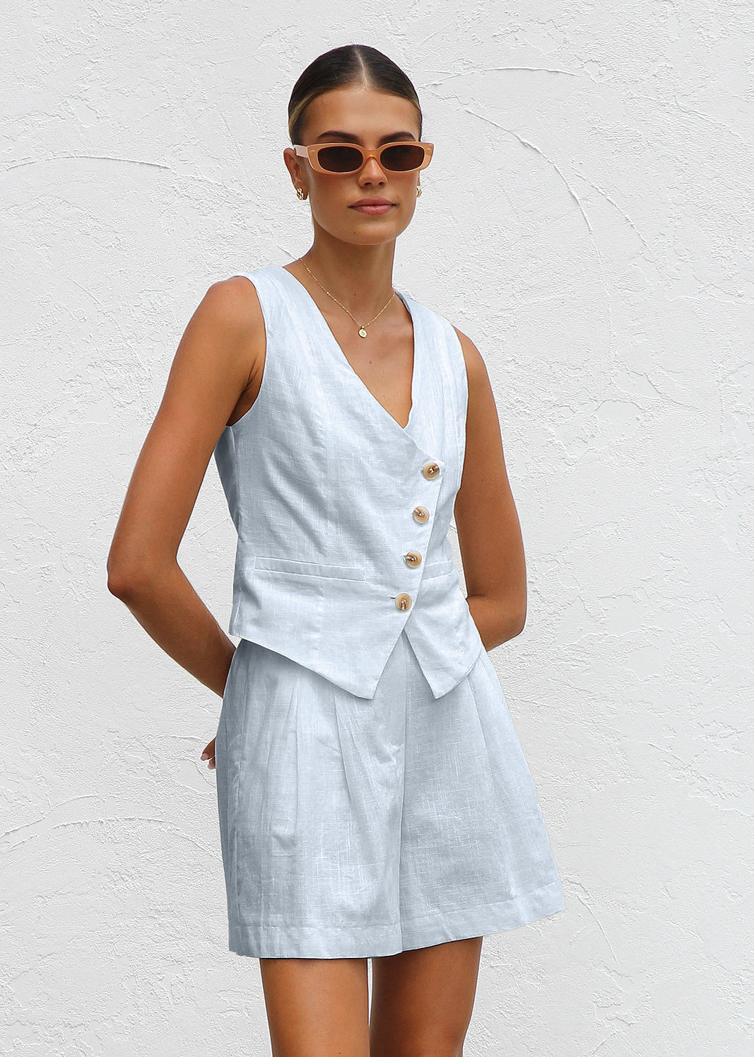 Women's Casual Solid Color Button Top & Commute Straight Shorts Set