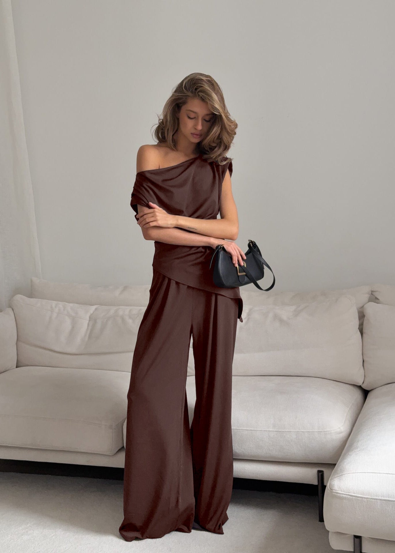 Stylish Asymmetrical Neck Top & Wide-Leg Pants Set
