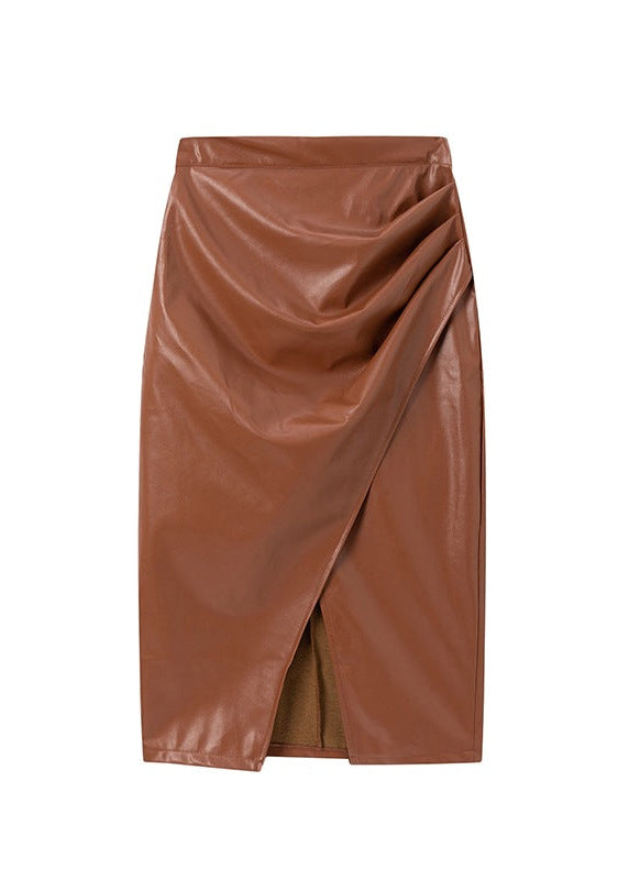 High Waist Zip Ruched Leather Skirt, Sexy Bodycon Skirt