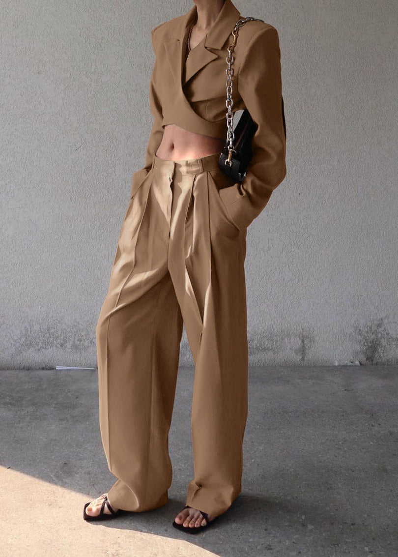 Long Sleeve Cropped Blazer & High Waist Casual Pants Set