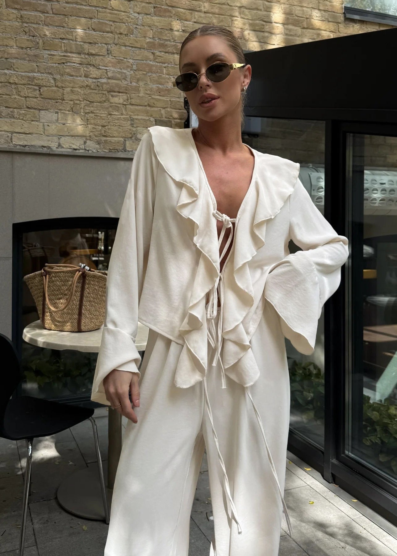 V Neck Ruffle Long Sleeve   2 Piece Set