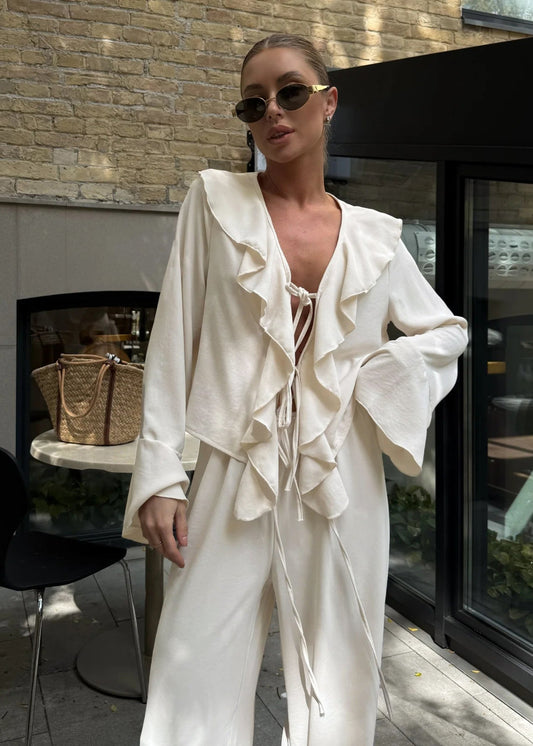 V Neck Ruffle Long Sleeve   2 Piece Set
