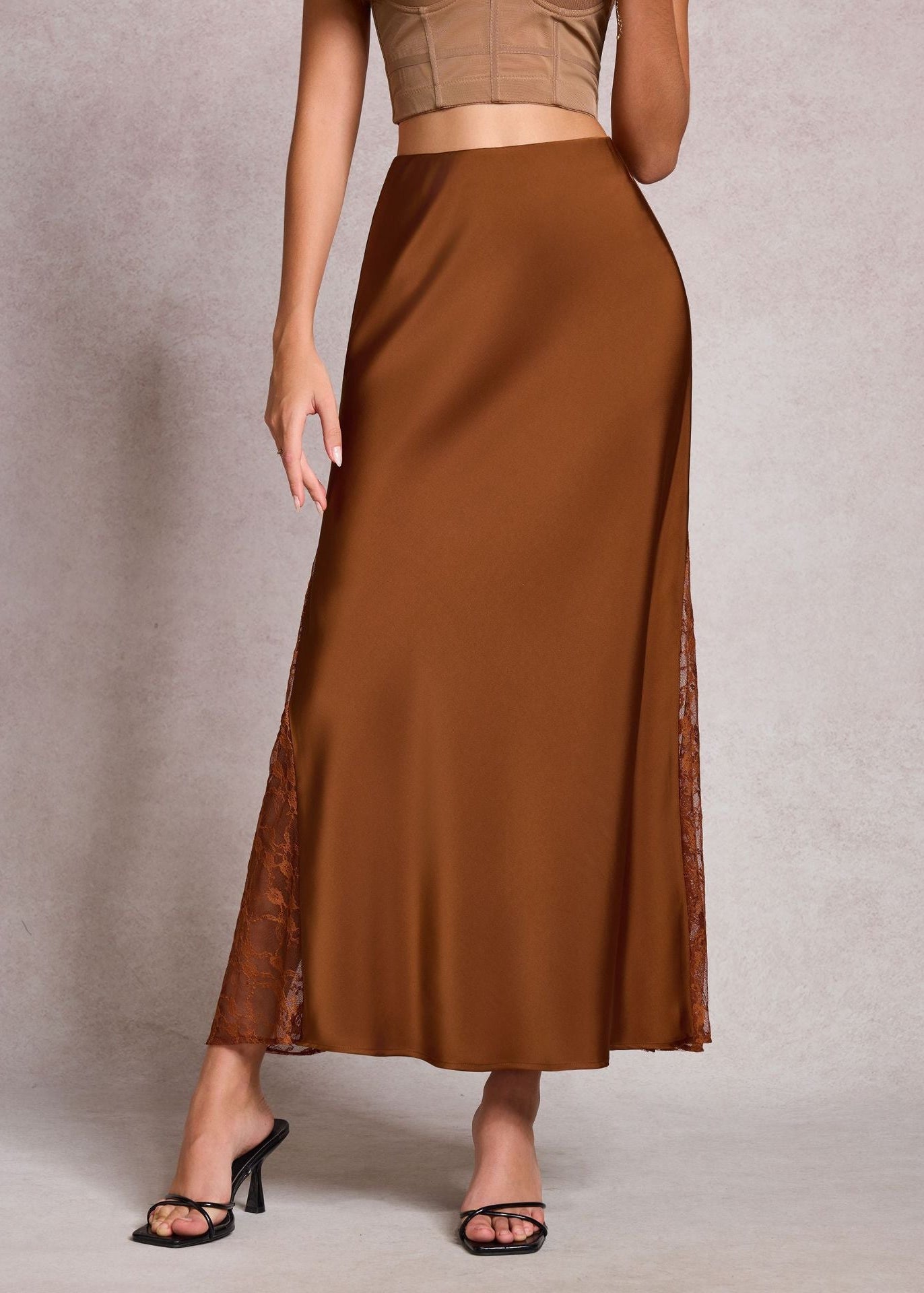 High-end satin A-line long skirt with lace
