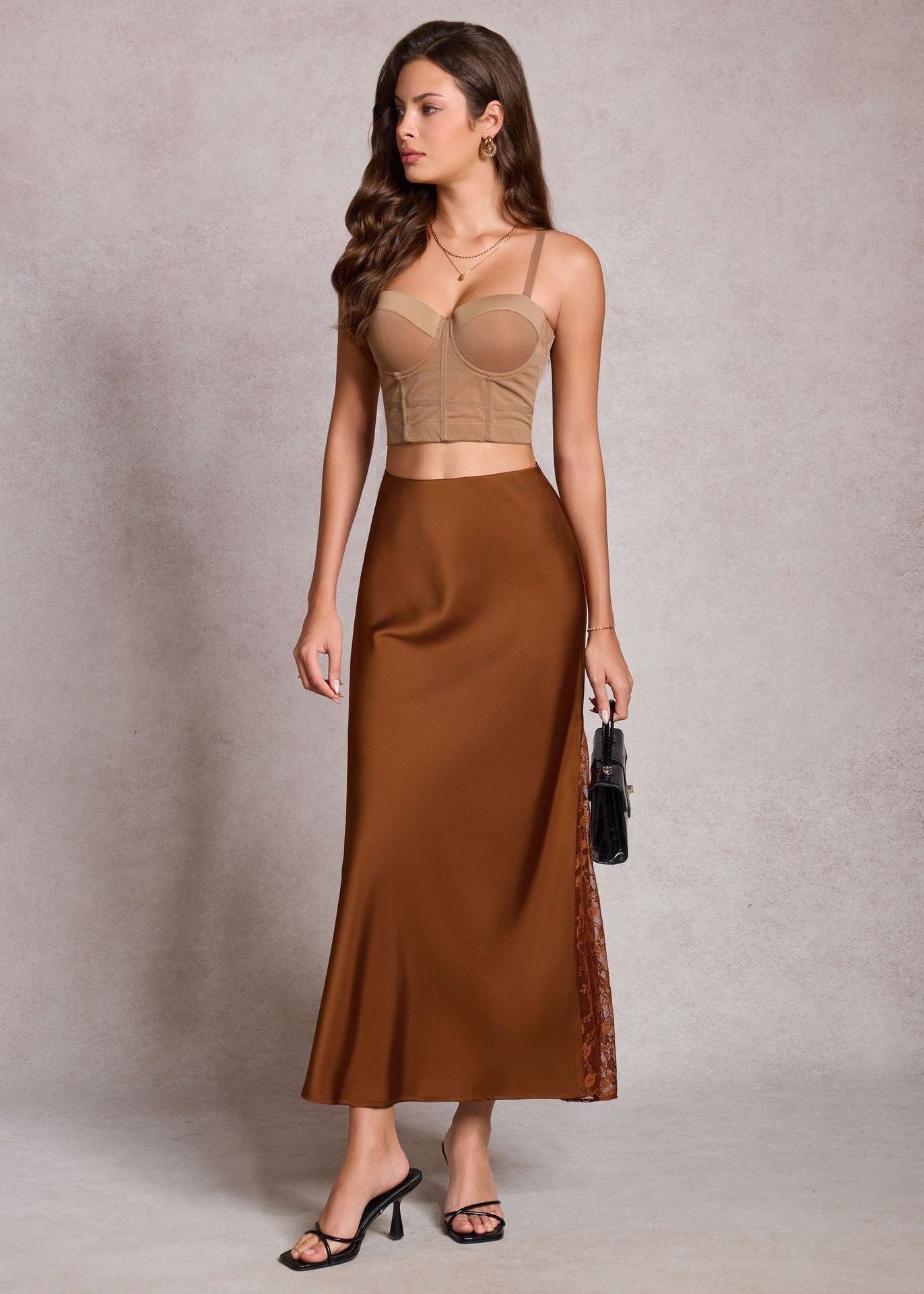 High-end satin A-line long skirt with lace