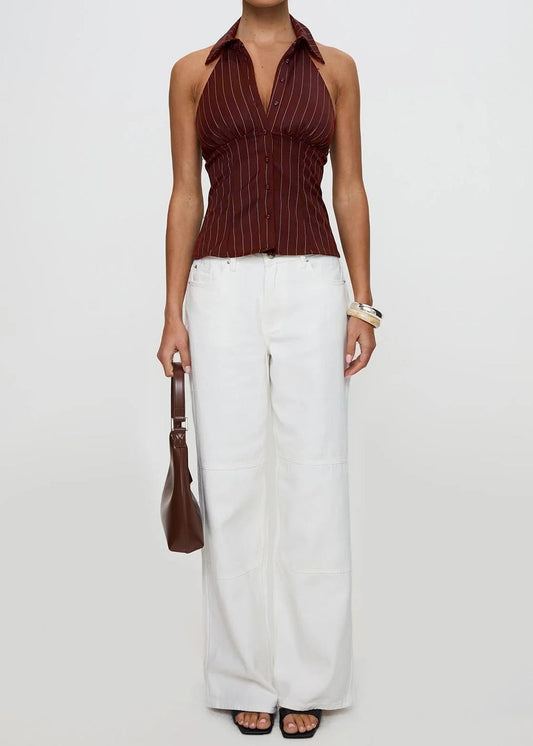 Sexy Halter Lapel Striped Slim-Fit Sleeveless Blouse