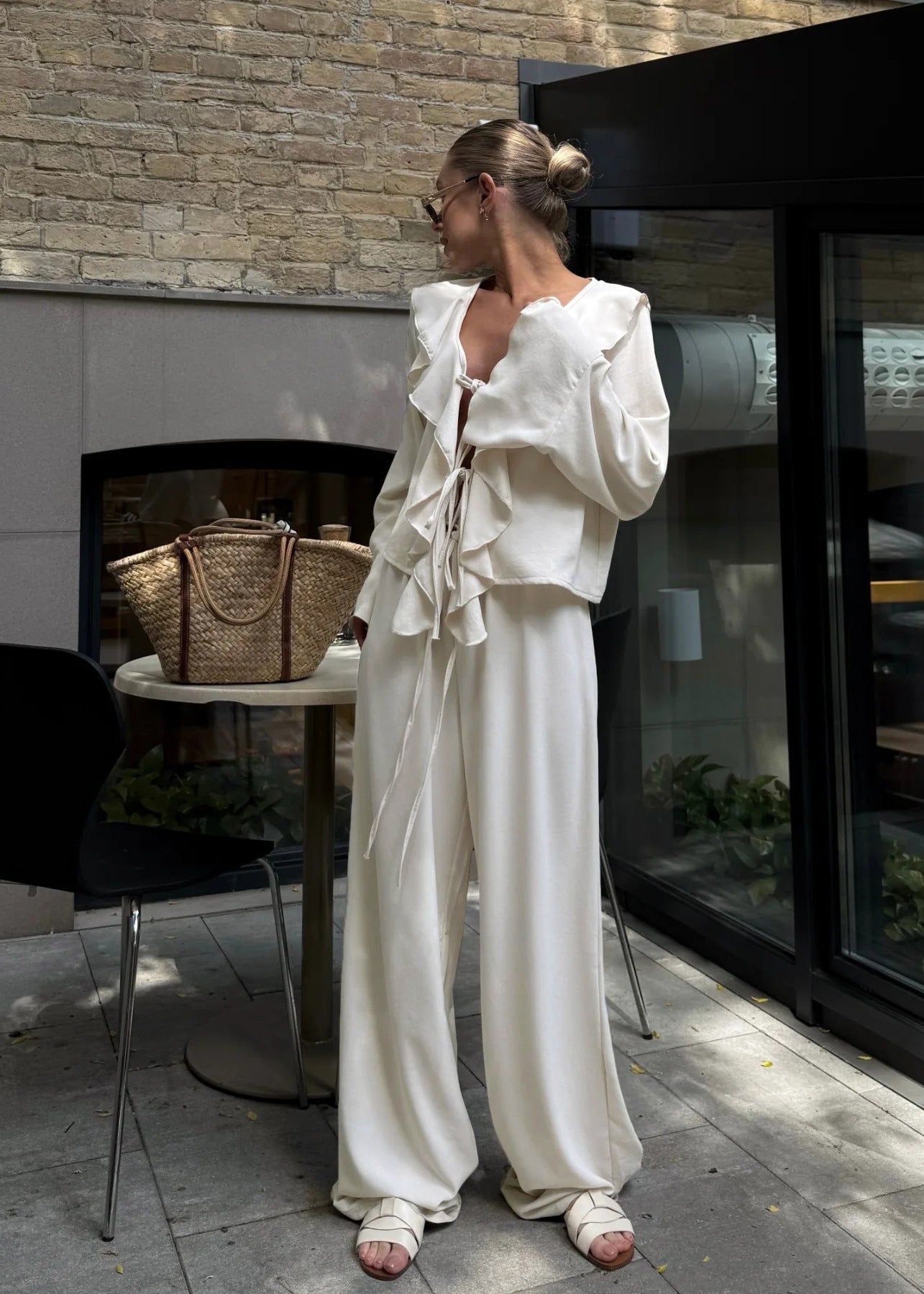 V Neck Ruffle Long Sleeve   2 Piece Set