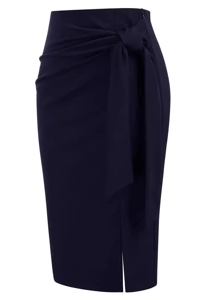 Women's Elegant Professional Solid Color Slit Skirt with Bow