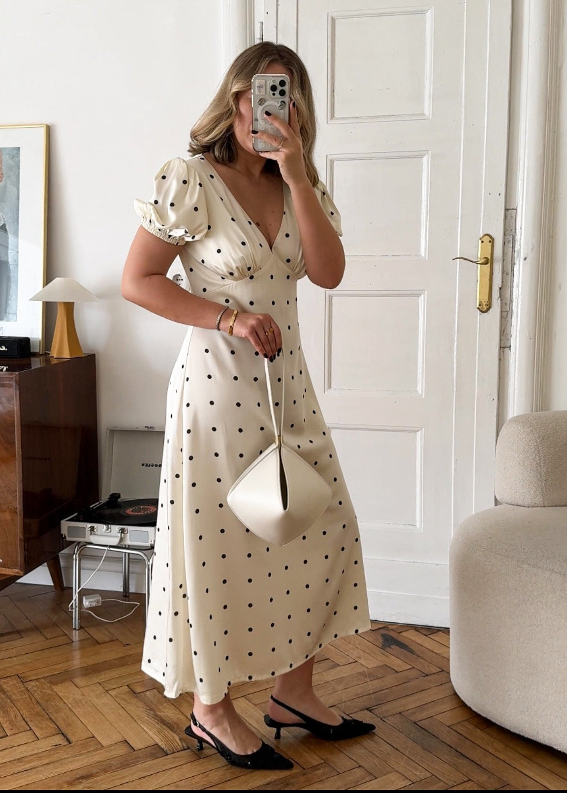 French Polka Dot Dress, Retro Elegant Puff Sleeve A-Line Maxi Dress